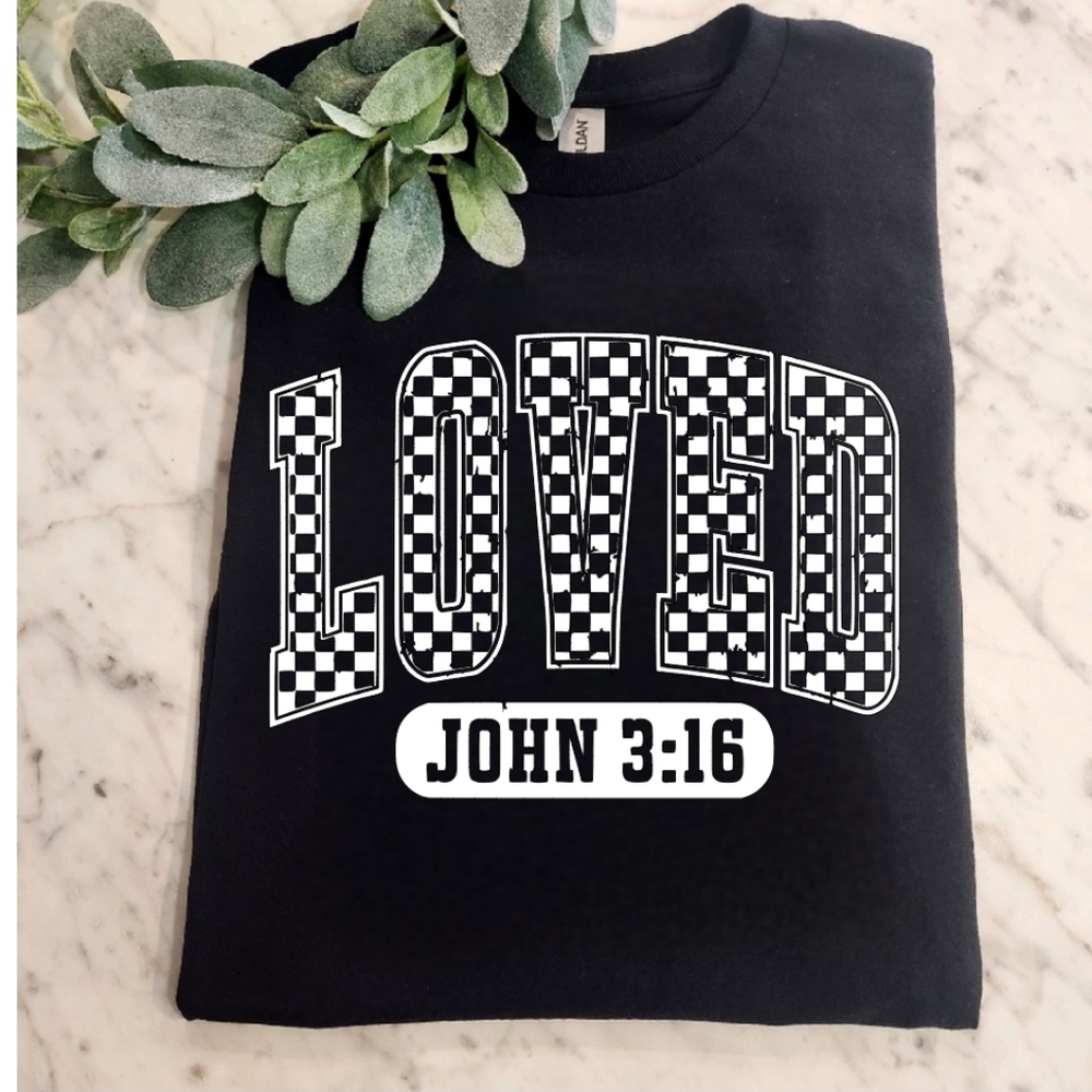Religious shirt LOVED checkered print cute popular retro jesus
